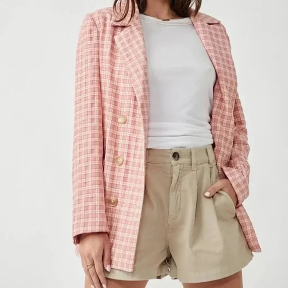 Free People Olivia Gingham Tie Waist Blazer Medium Oversized Preppy Boho Office - Picture 9 of 10